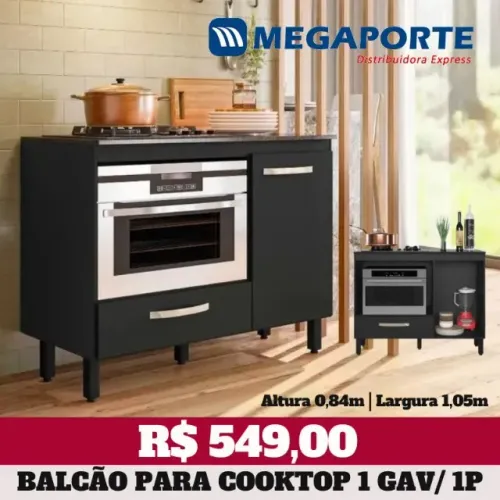 Balcão para Cooktop 4 Bocas 1 Porta 1 Gaveta Tampo Preto (Novo) Entrega Grátis!