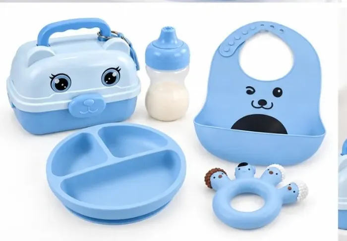 Kit Infantil Azul 5 Peças Prato Copo Babador Lancheira Mordedor Ótimo Preço para Revenda