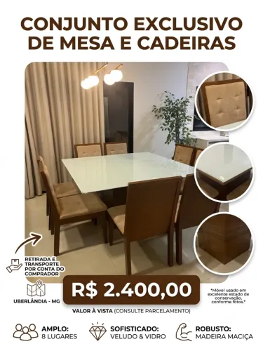 Mesa de Jantar 8 Lugares em Madeira com Tampo de Vidro - Linda!