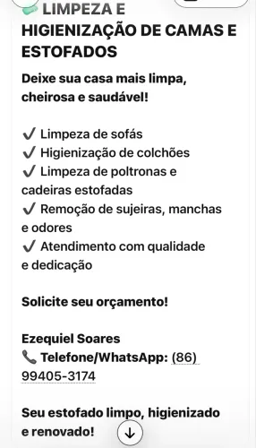 Limpeza e higienização de camas e estofados.