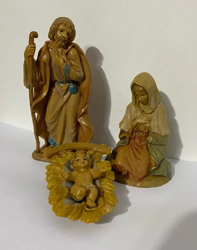 Antigo Presépio Sagrada Família Italiano Fontanini - 3 Peças Vintage Emborrachado