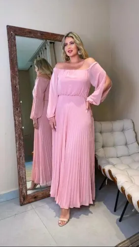 Vestido longo de festa rosê tam 48 com manga