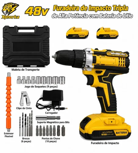Furadeira/parafusadeira de impacto 48V com 2 baterias, maleta e acessórios