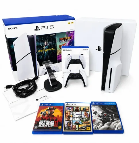 PS5 SLIM 1 TERA C/LEITOR + 30 JOGOS + CONTROLE ORIGINAL +BASE CARREGADOR +CABOS E CAIXA