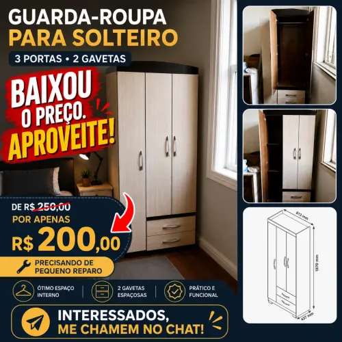 Guarda-roupa solteiro 3 portas e 2 gavetas