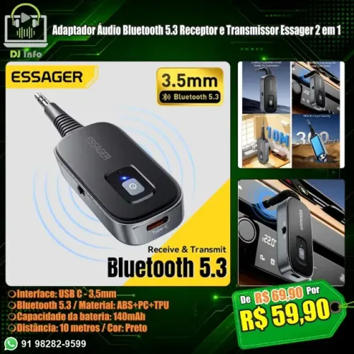 Adaptador Áudio Bluetooth 5.3 Receptor e Transmissor Essager 2 em 1