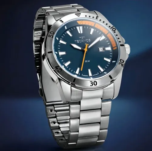 Relógio Technos Militar Masculino Aço Inox Prata Fundo Azul 50m Água