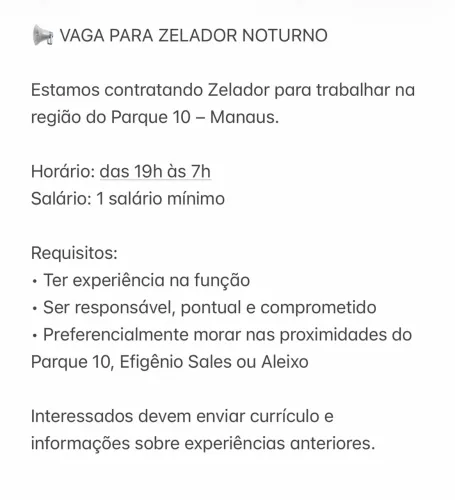 VAGA PARA ZELADOR NOTURNO