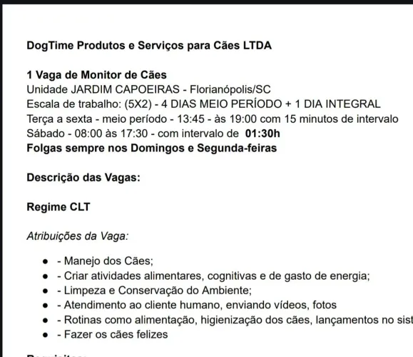 Vaga de Monitor- Meio Período 5x2