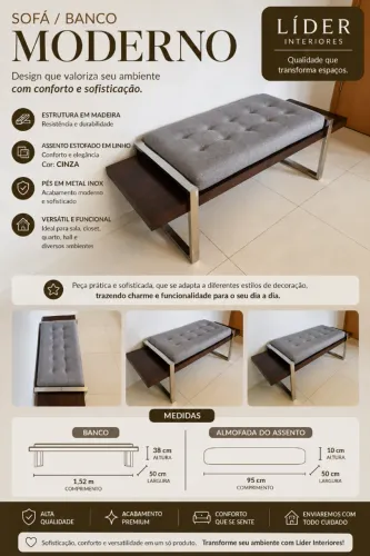 Banco Moderno em Madeira, Linho e Pés em Metal Inox