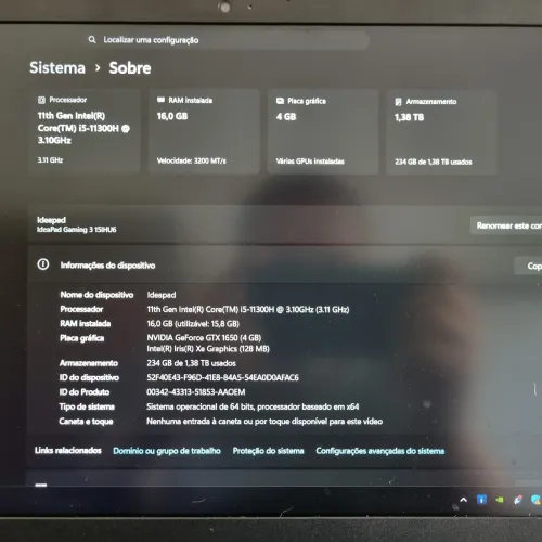 Notebook Lenovo Ideapad Gaming 3i - Intel Core i5 11300H - GTX 1650 4GB - 16GB RAM - 1,5TB