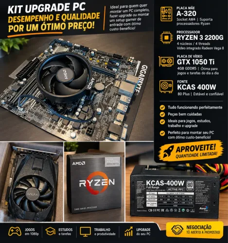 KIT PC GAMER Ryzen 3 2200G + GTX 1050 Ti 4GB + A320 + Fonte 400W
