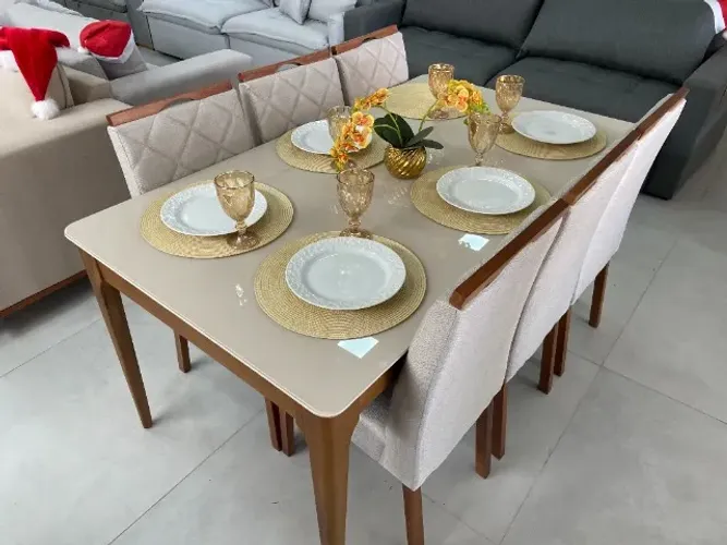 Mesa Jantar Madeira Maciça e Vidro + 6 Cadeiras - Sofisticação Natalina!