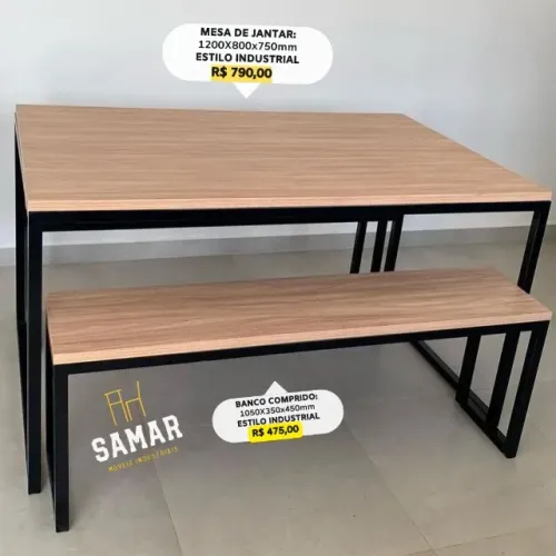 Mesa + Banco Estilo Industrial em Ferro e Madeira