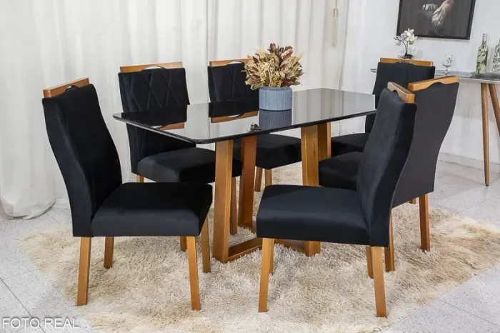 Mesa de Jantar Tampo Vidro Preto 160×80 6 Cadeiras Mel Madeira Maciça rf98