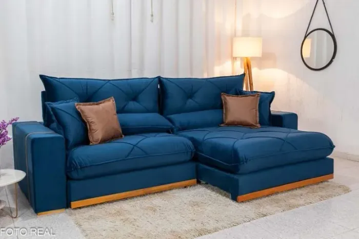 Sofá Retrátil Reclinável 2.90m Gran Bello Veludo Azul - D33 e Molas Ensacadas