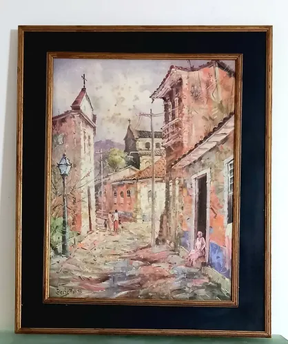 Painel Decorativo com Cena de Cidade Histórica - Assinado Zelgetto - 1983