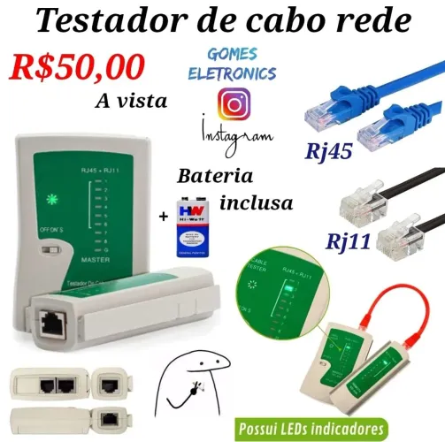 Testador de cabo de rede Rj45 Lan Cat5 Cat6 Rj11 R$50,00 (Loja fisica)