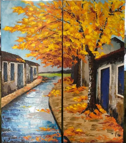 Quadro de pintura decorativo óleo sobre tela painel Casarios
