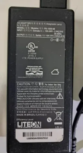 Carregador Notebook Liteon 19V - 3,42A usado, só 60,00