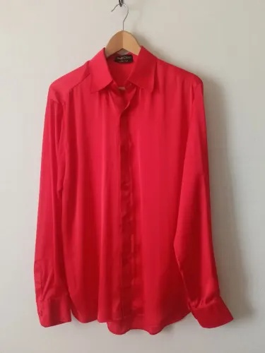 Camisa masculina social seda vermelha mangas longa