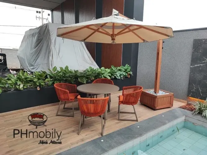 JOGO DE MESA COM 4 CADEIRAS NA CORDA NÁUTICA E OMBRELONE LATERAL DE 3M