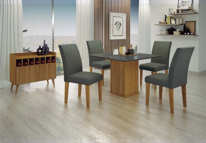 CONJUNTO DE JANTAR MESA COM CANTO ARREDONDADO E 4 CADEIRAS ACOLCHOADAS