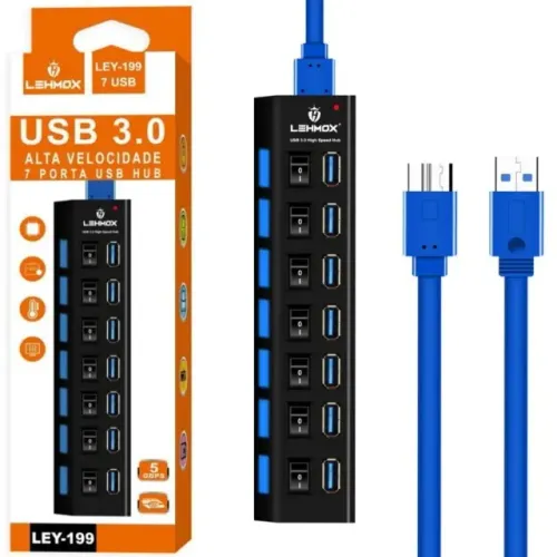 Hub USB 3.0 Lehmox LEY-199 7 Portas Alta Velocidade 5Gbps com Interruptores LED pode retir