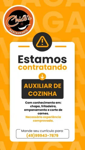 O Restaurante do Chico está contratando para a vaga de Auxiliar de Cozinha.