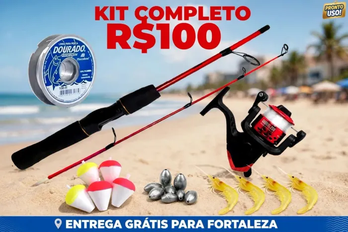 Kit pesca vara molinete com linha anzol chumbada isca boia 