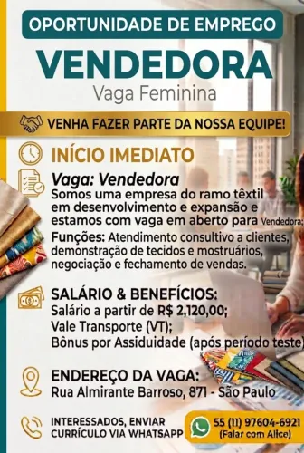 Vaga Vendedora - Mulheres de 20 a 30 anos