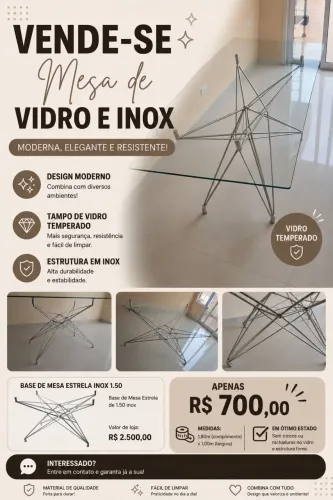Mesa de vidro e inox