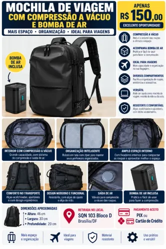 Mochila de Viagem com Compressão a Vácuo e Bomba de Ar (Como Nova)