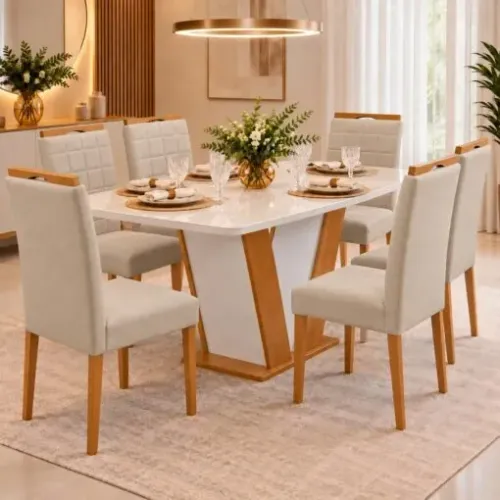 Mesa Qatar 160 (Tampo Londres c/ vidro) Off White/Cinamomo/Off White com 6 Cadeiras Quartz