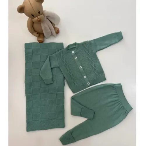 Kit Conjunto+ Manta Saída Maternidade bebê RN 0 a 1 mês Tricô Verde