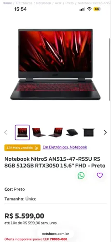 Notebook Gamer Acer Nitro 5 17.3 144hz 15 512gb 8gb ram 
