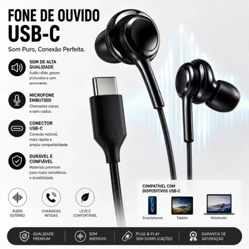 Fone De Ouvido Entrada Tipo-C com 4 ear tips extras 3.5 mm Usb