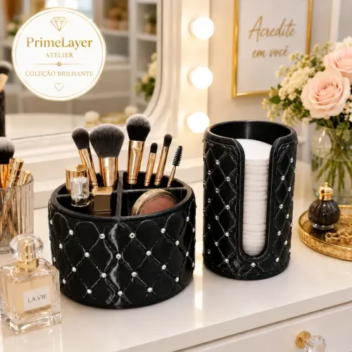 Kit 2pçs Organizador Maquiagem de Strass Alto Padrão Luxo Premium - Preto