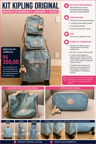 KIT KIPLING ORIGINAL - Mochila de Rodinhas + Lancheira + Estojo - R$ 350,00