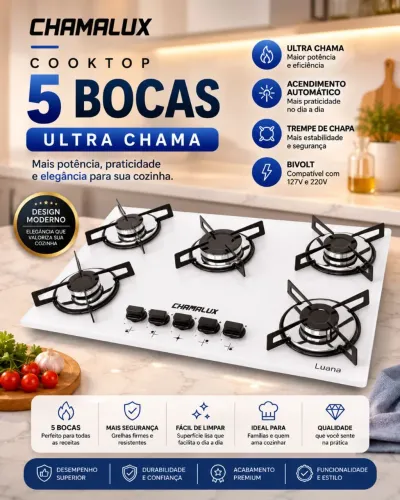 Cooktop 5 bocas Chamalux. Novos 
