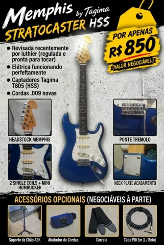 ? Guitarra Tagima Memphis Stratocaster Azul Metálica - Regulada (Cordas 0.09)