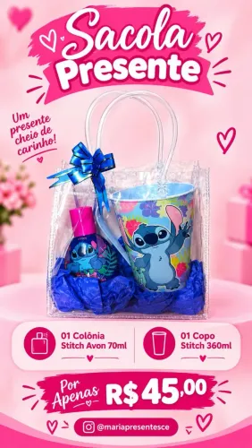 Sacola presente Dia das crianças Colônia e copo Stitch