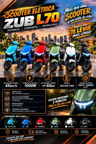 Scooter Elétrica ZUB L70 1000W Nova - Até 45km/h