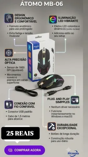 Mouse Gamer RGB Átomo MB - 06 USB cabo longo 1,5 metros preto ergonômico 1200 DPI 