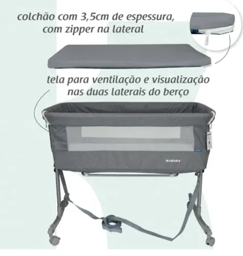 Berço KaBaby Sleep 3 em 1 Co-bed com Balanço - Cinza
