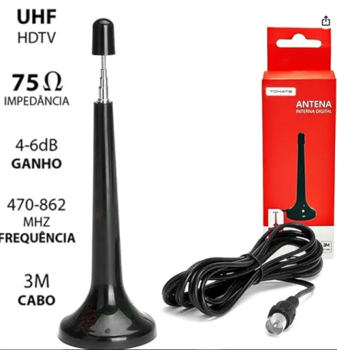 Antena TV Digital MTV-3015 Tomate Hdtv Uhf Vhf Interna 4 a 6 Dbi e Cabo 3m