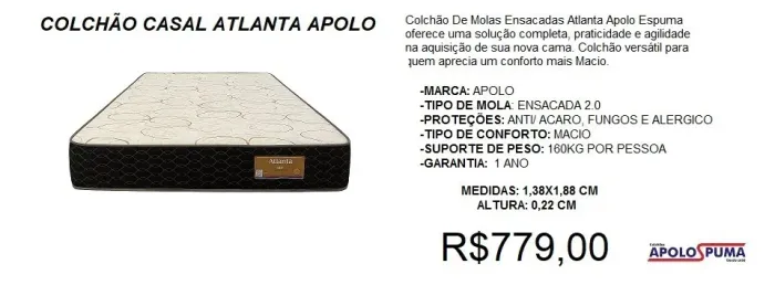 Colchão molas ensacadas apolo atlanta - frete gratuito