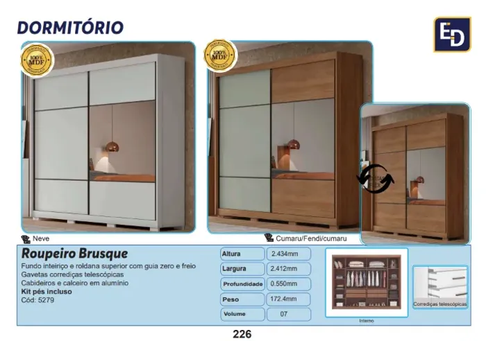 Roupeiro Brusque c/espelho e pés