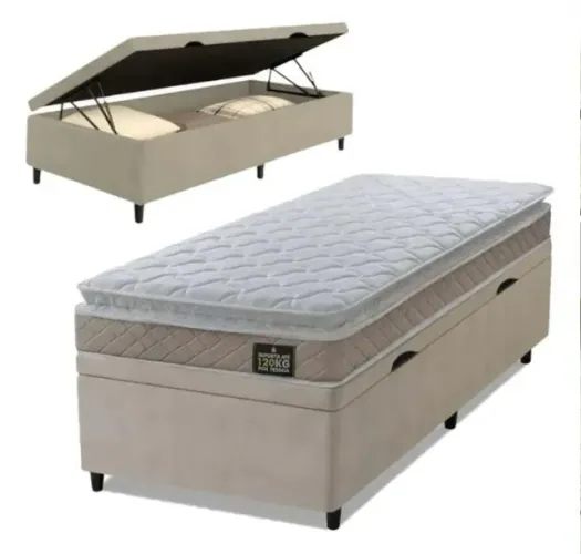 Cama Box Baú Solteiro + Colchão D33 Pillow Top 88cm Bege