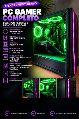 PC GAMER POTENTE E COMPLETO! APENAS 5 MESES!! ARGB TOP, GTX 1660 SUPER + RYZEN 5 5500